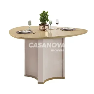 MESA DJ CHANEL 136X136 TAMPO ORGANICO C/VIDRO OFF WHITE/DOURADO