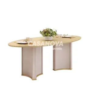 MESA DJ LIZ 218X108 TAMPO ORGANICO C/VIDRO OFF WHITE/DOURADO