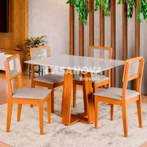 CJ MESA 4C DOBUE MONTANA 120X90 C/VIDRO CINAMOMO/BRANCO OFF/NEVOA BOUC